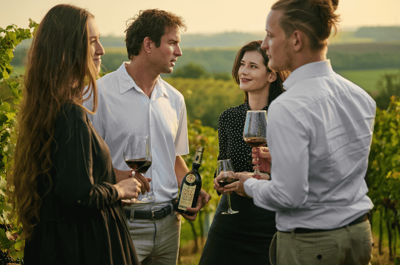 grupa przyjaciół pije wino w winnicy